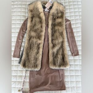 House of CB Brown Long Sleeve Mesh Dress + Faux Fur Vest